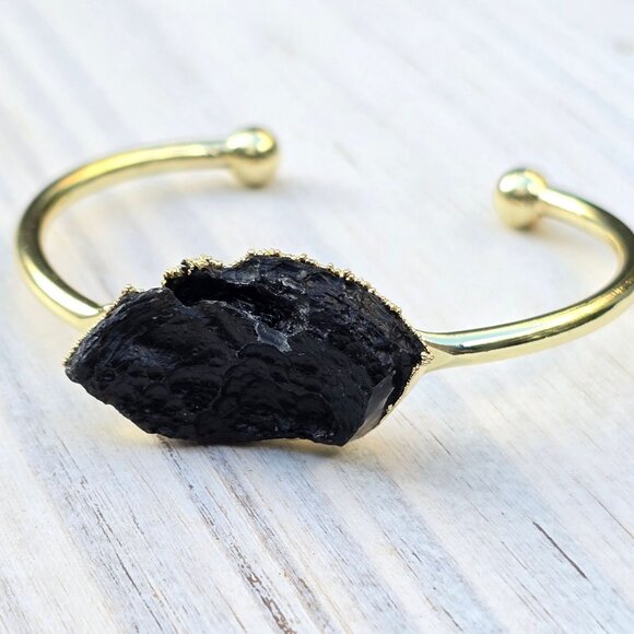 Black Tourmaline Wire Wrap Cuff – 14Kt Gold Over Copper – Grounding Talisman - Picture 10 of 11